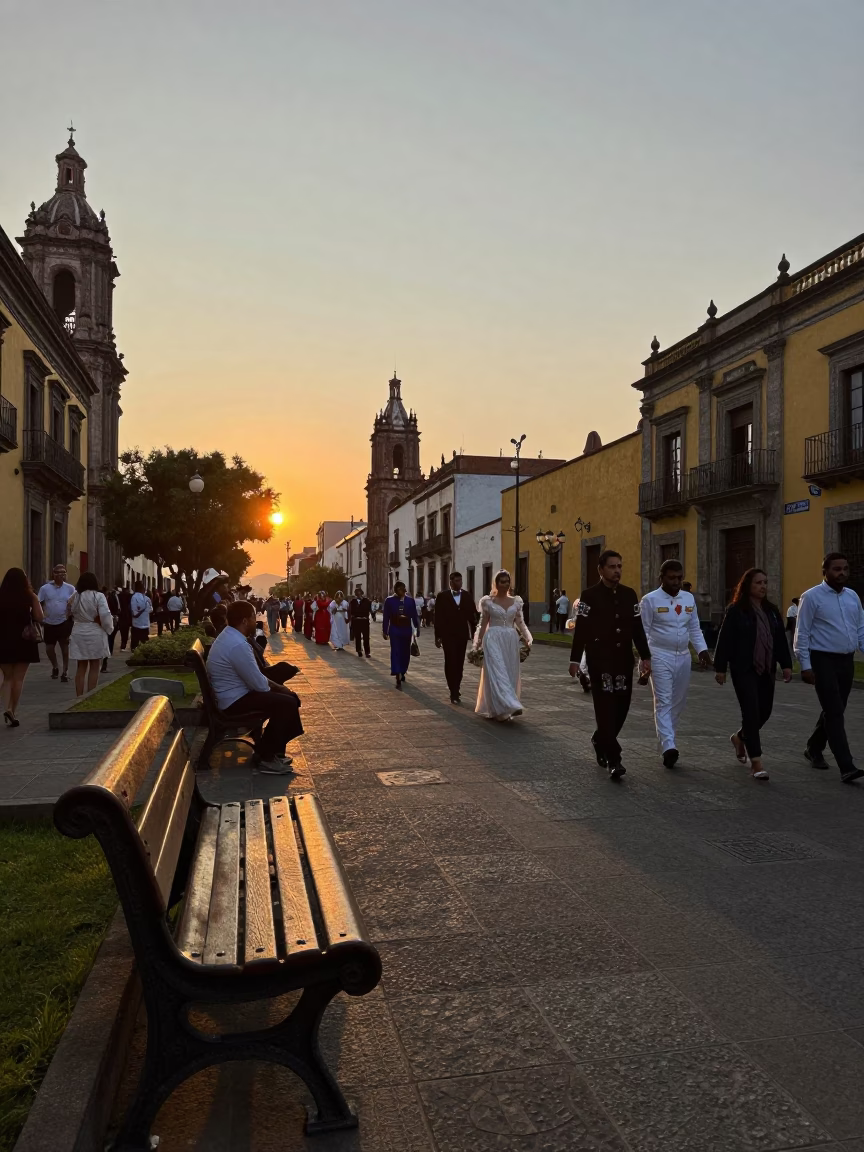 Mexico City Sunset Street Scene with Park Bench and Traditional Wedding Procession in in Mexico City, Mexico