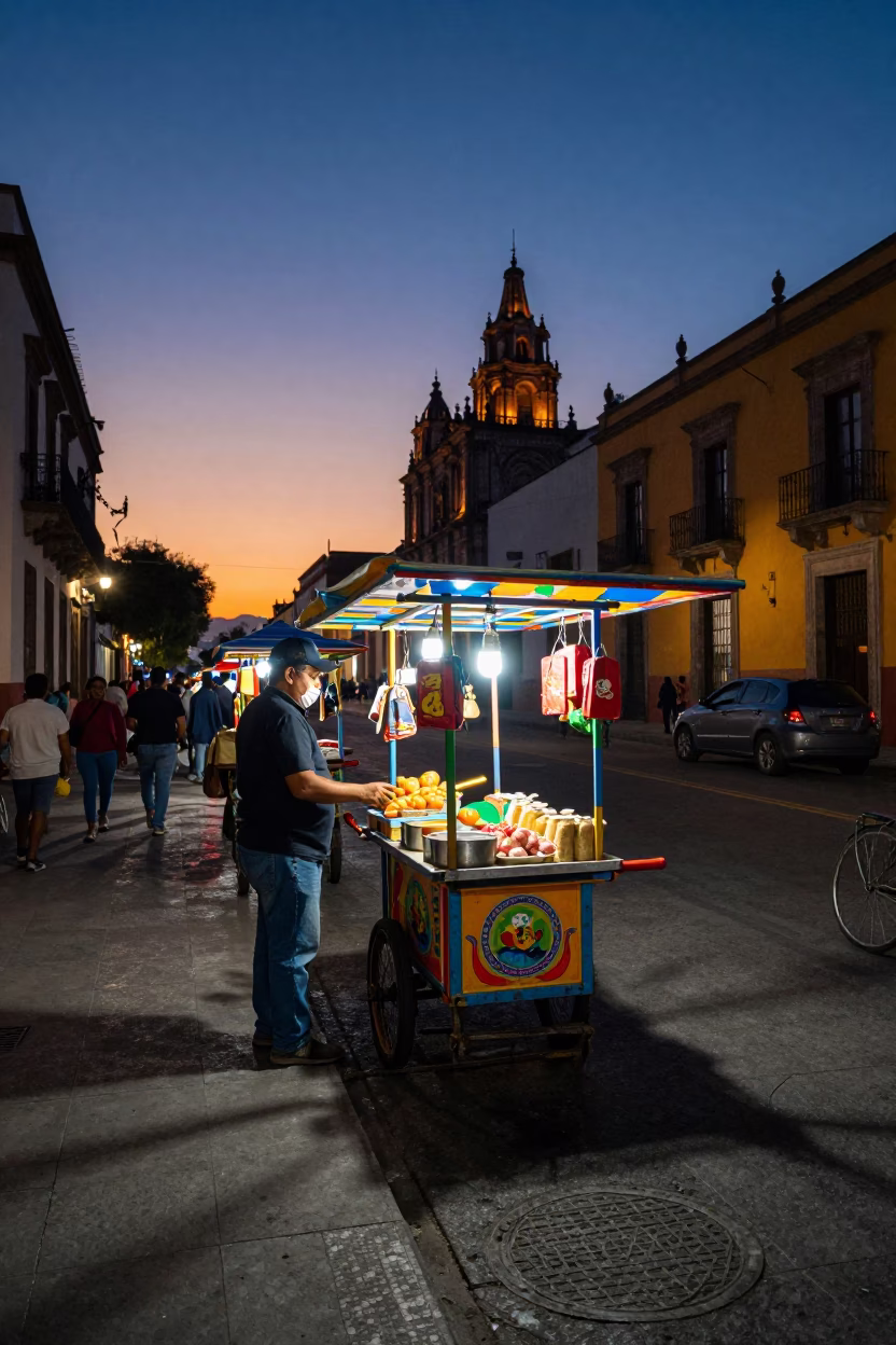 Mexico City Twilight Street Scene with Colorful Street Vendor Cart and Pedestrians in in Mexico City, Mexico