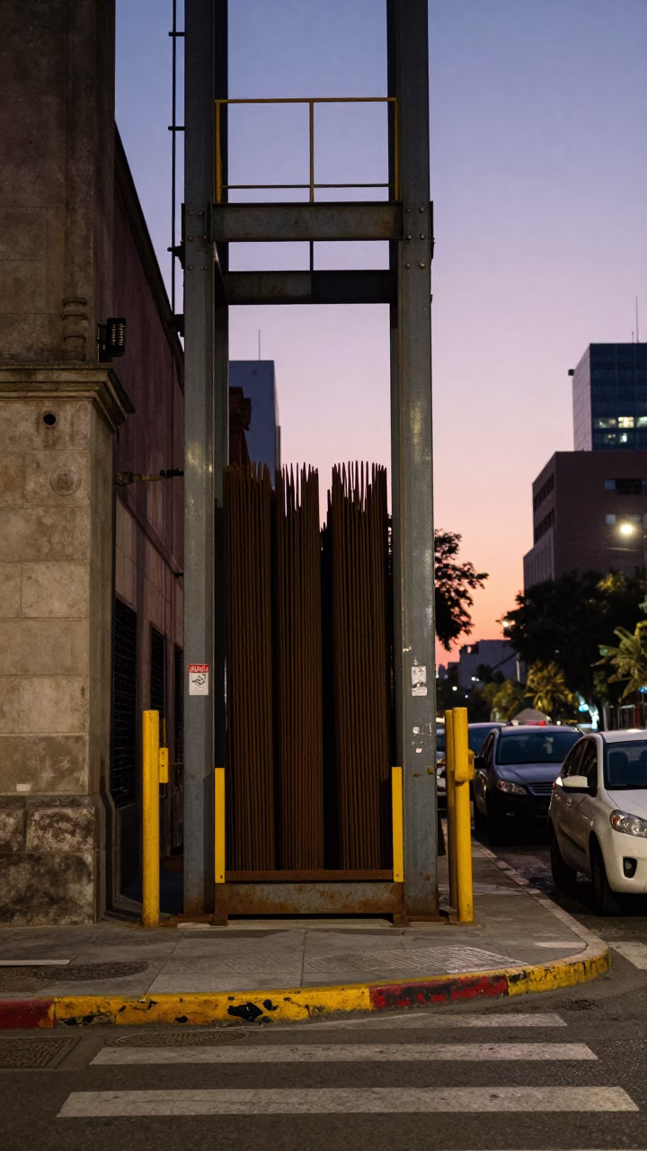 Mexico City Twilight Street Scene with Construction Elevator Gate and Rebar Bundles in in Mexico City, Mexico