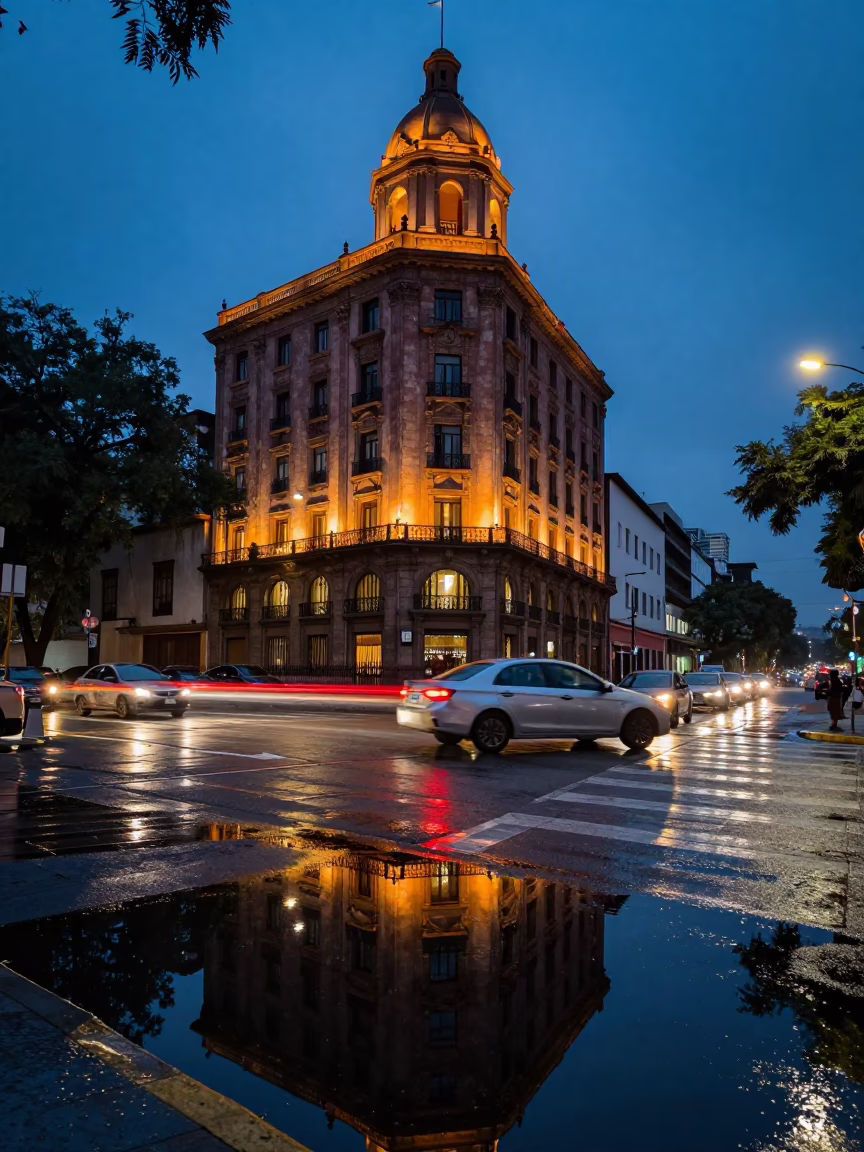 Mexico City Twilight Street Scene with Puddle Reflections of Hotel Lights and Tail Lights in in Mexico City, Mexico