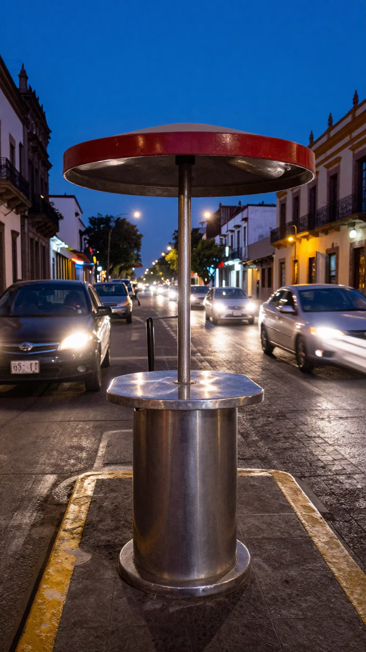 Mexico City Twilight Street Scene with Valet Stand and Headlight Streaks in in Mexico City, Mexico