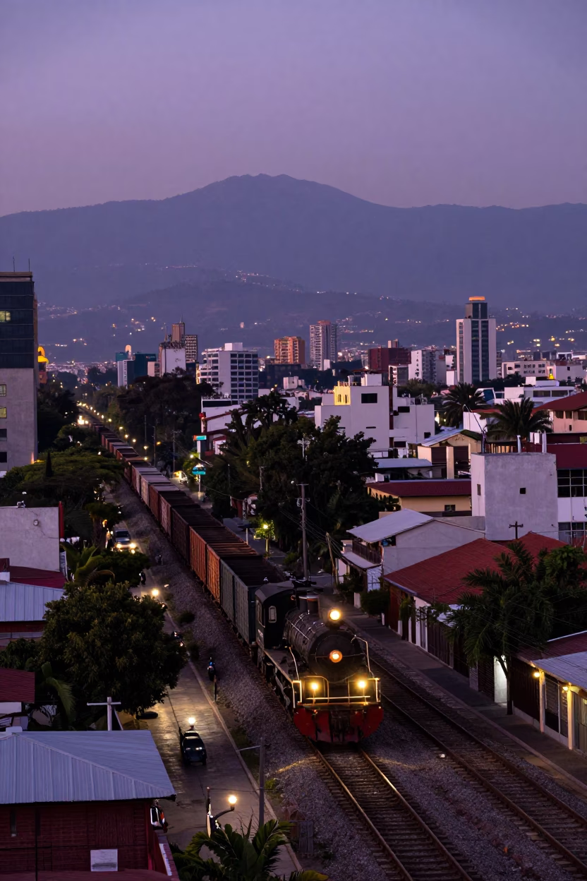 Mexico City Twilight Street Scene with Vintage Locomotive Freight Train and Urban Landscape in in Mexico City, Mexico