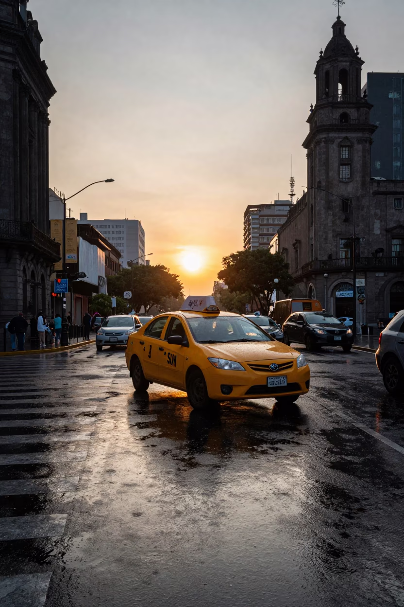 Mexico City Yellow Taxi at As The Sun Drops Toward The Horizon in in Mexico City, Mexico