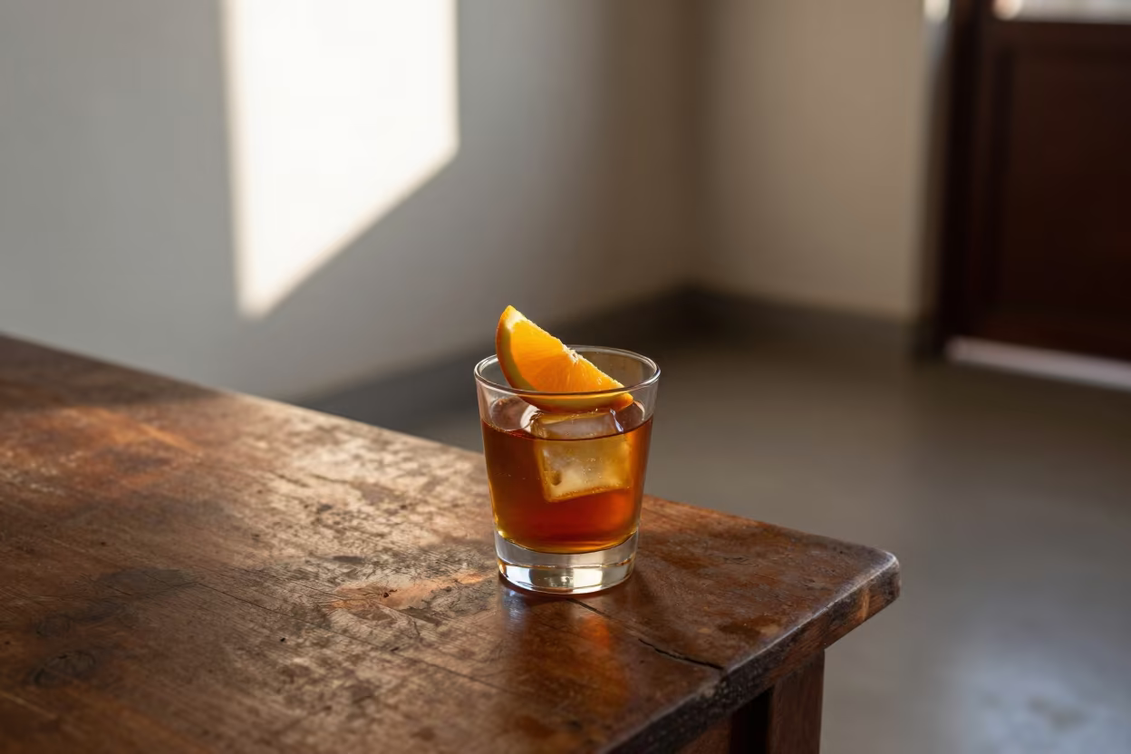 Mezcal Glass with Orange on Rustic Table in on a rustic wooden table in Indore
