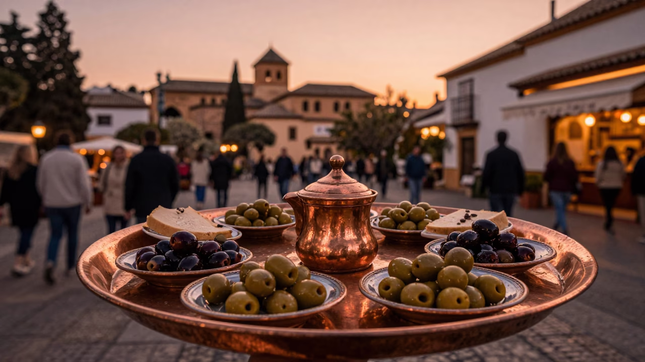 Mezze Spread at Copper-toned Light Before Dusk in Granada in in Granada, Spain