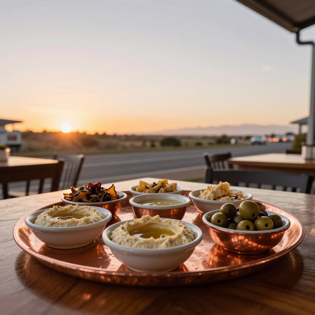 Mezze Spread on Copper Tray Diner Table in at a roadside diner table in Gqeberha