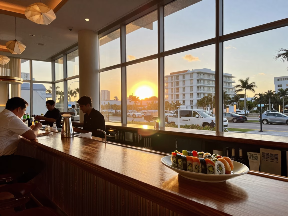 Miami Art Deco Hotel Counter Golden Hour Sushi Platter and Vintage Interior Details in in Miami, Florida, United States