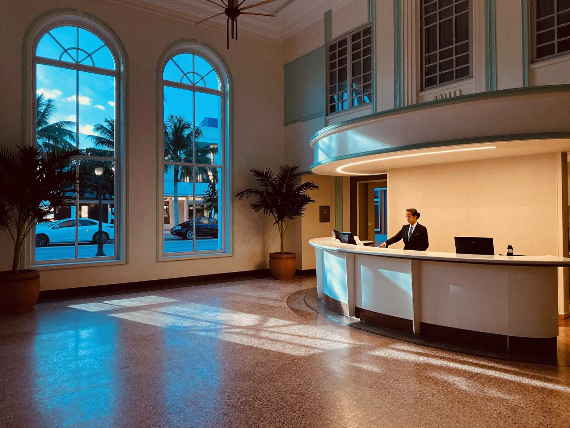 Miami Art Deco Hotel Lobby Evening Light and Vintage Interior Details in in Miami, Florida, United States