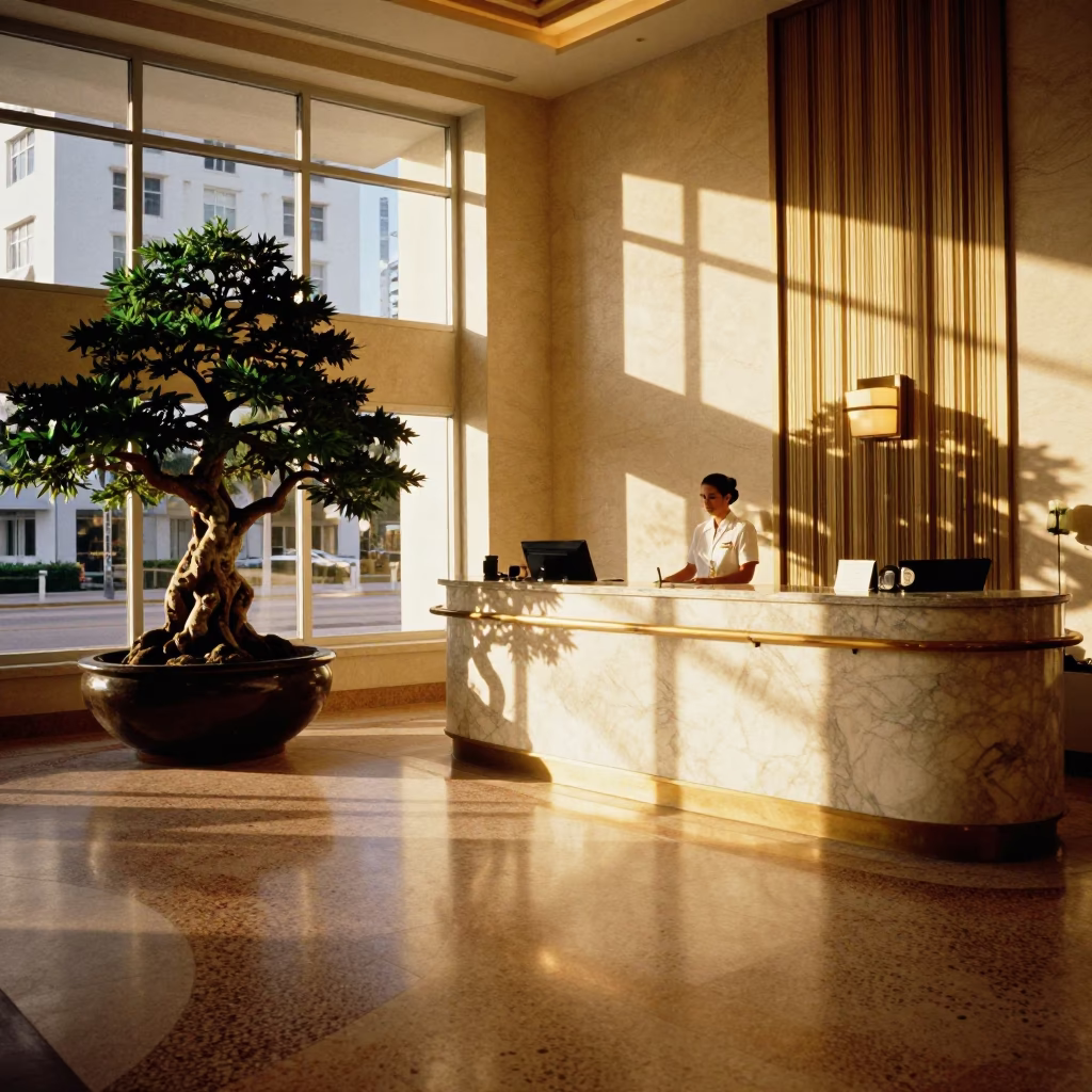 Miami Art Deco Hotel Lobby with Jade Bonsai and Cufflink Box in Evening Light in in Miami, Florida, United States