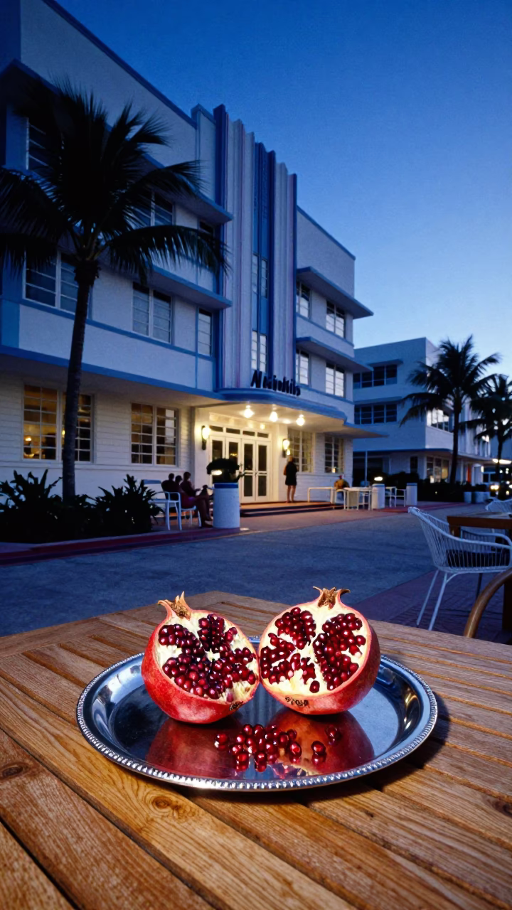 Miami Art Deco Hotel Terrace Indigo Twilight High Fashion Pomegranate and Cushions in in Miami, Florida, United States