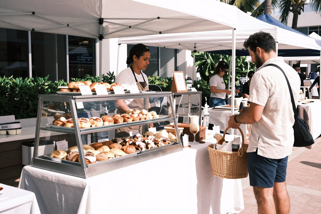 Miami Beach Artisan Market Midmorning with Basket and Affogato in in Miami, Florida, United States