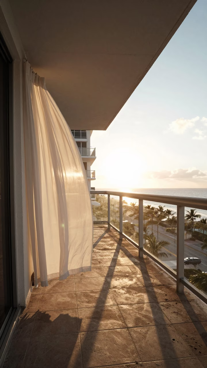 Miami Beach Balcony Sunrise View with Window Curtains and City Skyline in in Miami, Florida, United States