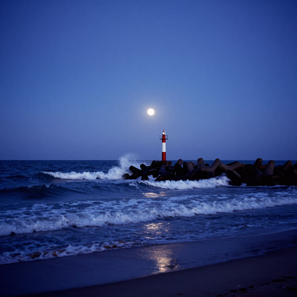Miami Beach Indigo Twilight Moonlit Surf Breakwater Beacon and Beachgoers in in Miami, Florida, United States