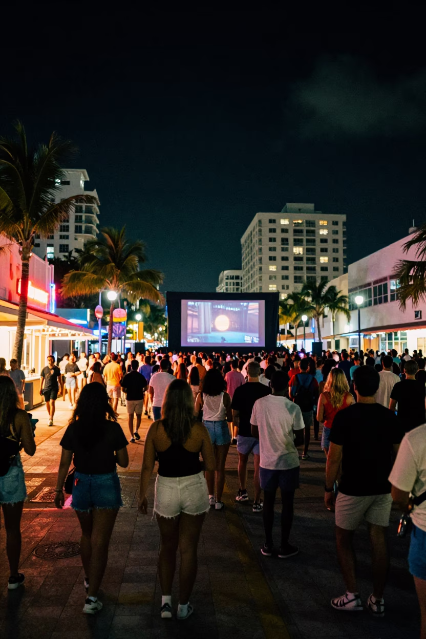 Miami Beach Nightlife 1960s Outdoor Cinema Crowd and Bridge Maintenance Cage in in Miami, Florida, United States