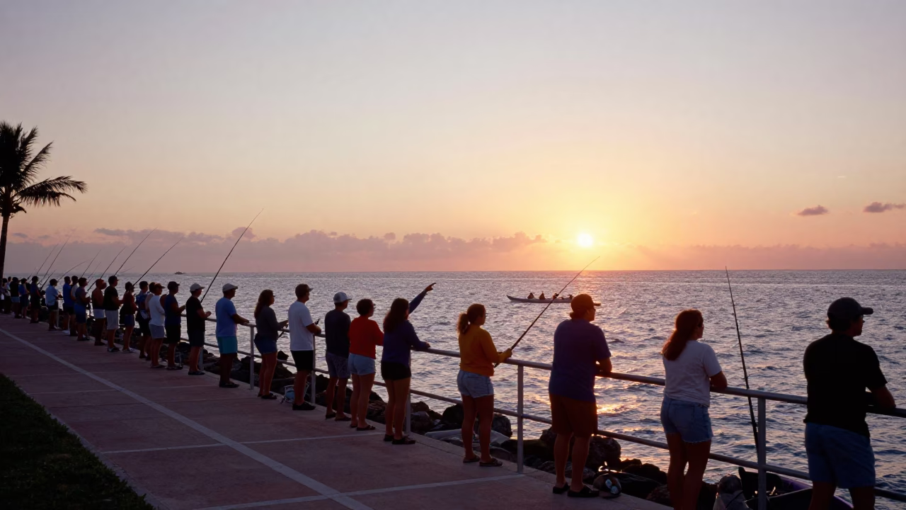 Miami Beach Sunset Crowd Watching Fishing Kayak on Water with Street Vendor in in Miami, Florida, United States