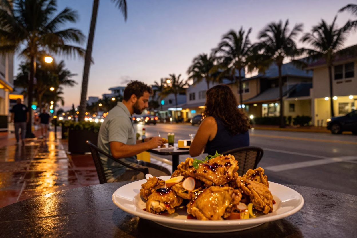 Miami Beach Sunset Dining Scene with Plate of Chicken Shawarma and Pickles at Twilight in in Miami, Florida, United States