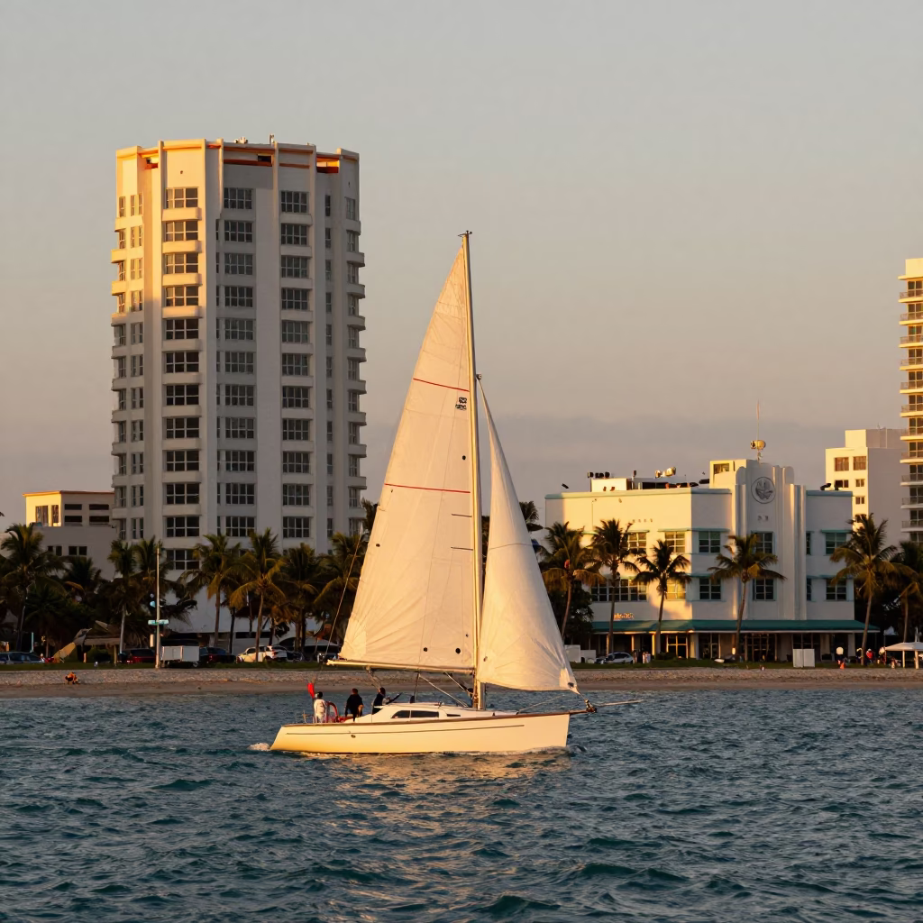 Miami Beach Sunset Sailboat Raking Past Art Deco Hotel Balcony in in Miami, Florida, United States