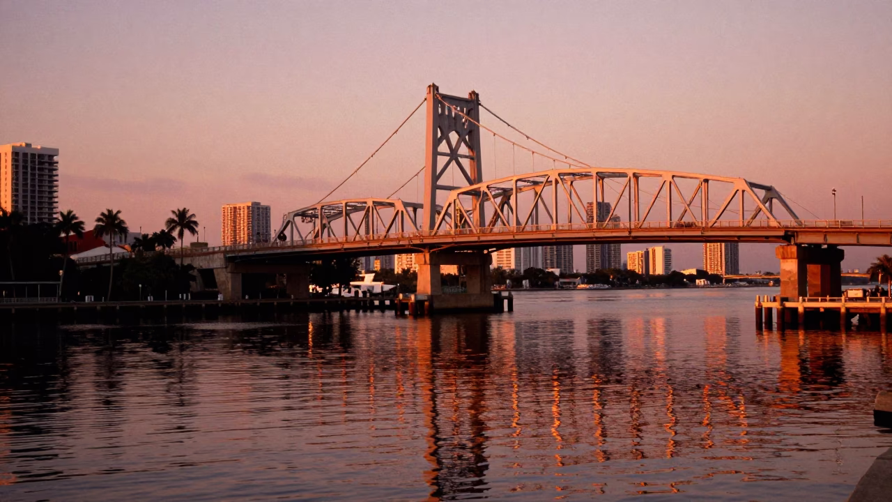 Miami Biscayne Bay Drawbridge Reflections in Copper Dusk Light with Street Scene in in Miami, Florida, United States