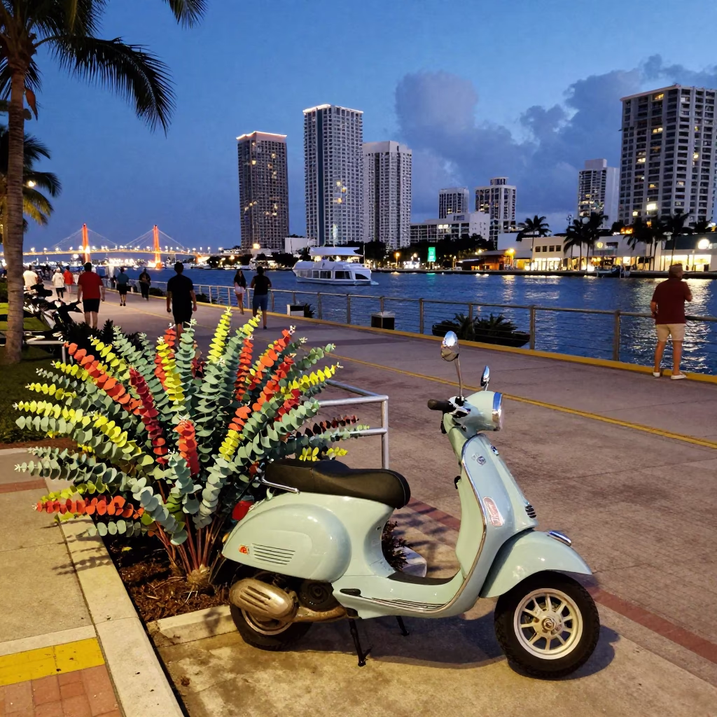 Miami Blue Hour Harbor Scene with Vintage Scooter and Colorful Eucalyptus Trees in in Miami, Florida, United States