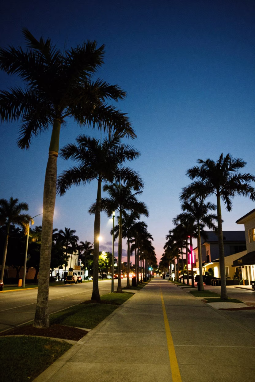 Miami Blue Hour Palm Tree Avenue Lining a Boulevard with Neon Reflections in in Miami, Florida, United States