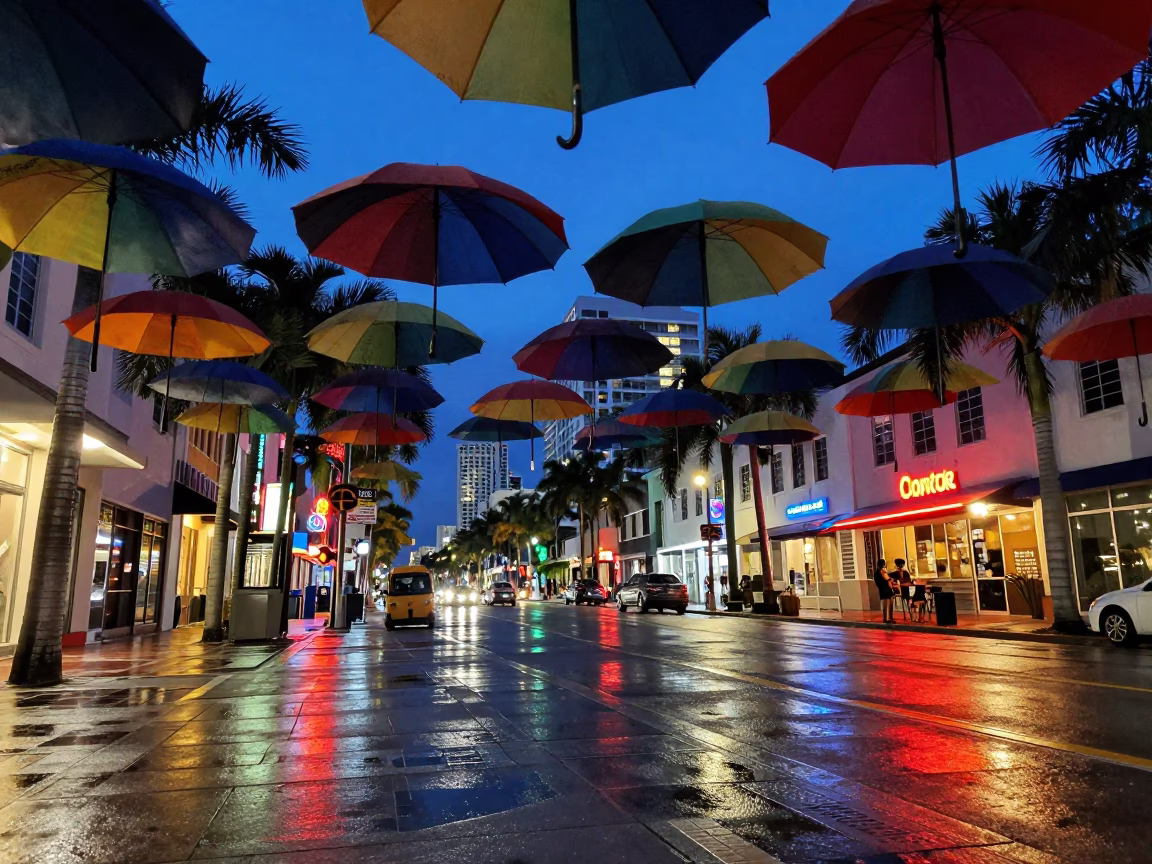 Miami Blue Hour Street Scene with Colorful Umbrellas and City Lights in in Miami, Florida, United States