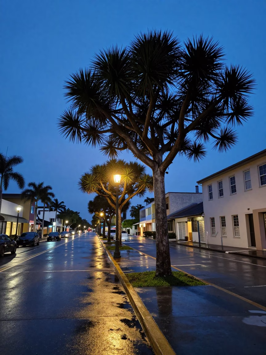 Miami Blue Hour Street Scene with Lantern and Monkey Puzzle Tree in in Miami, Florida, United States