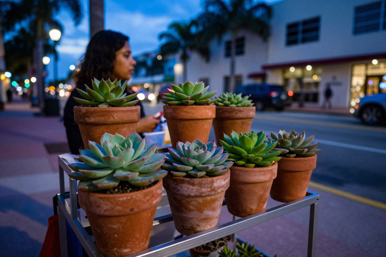 Miami Blue Hour Street Scene With Potted Succulents And Neon Reflections in in Miami, Florida, United States