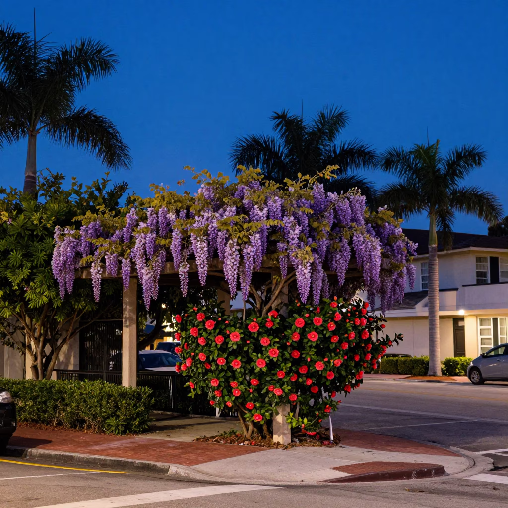 Miami Blue Hour Street Scene with Wisteria Pergola and Camellia Flowers in in Miami, Florida, United States