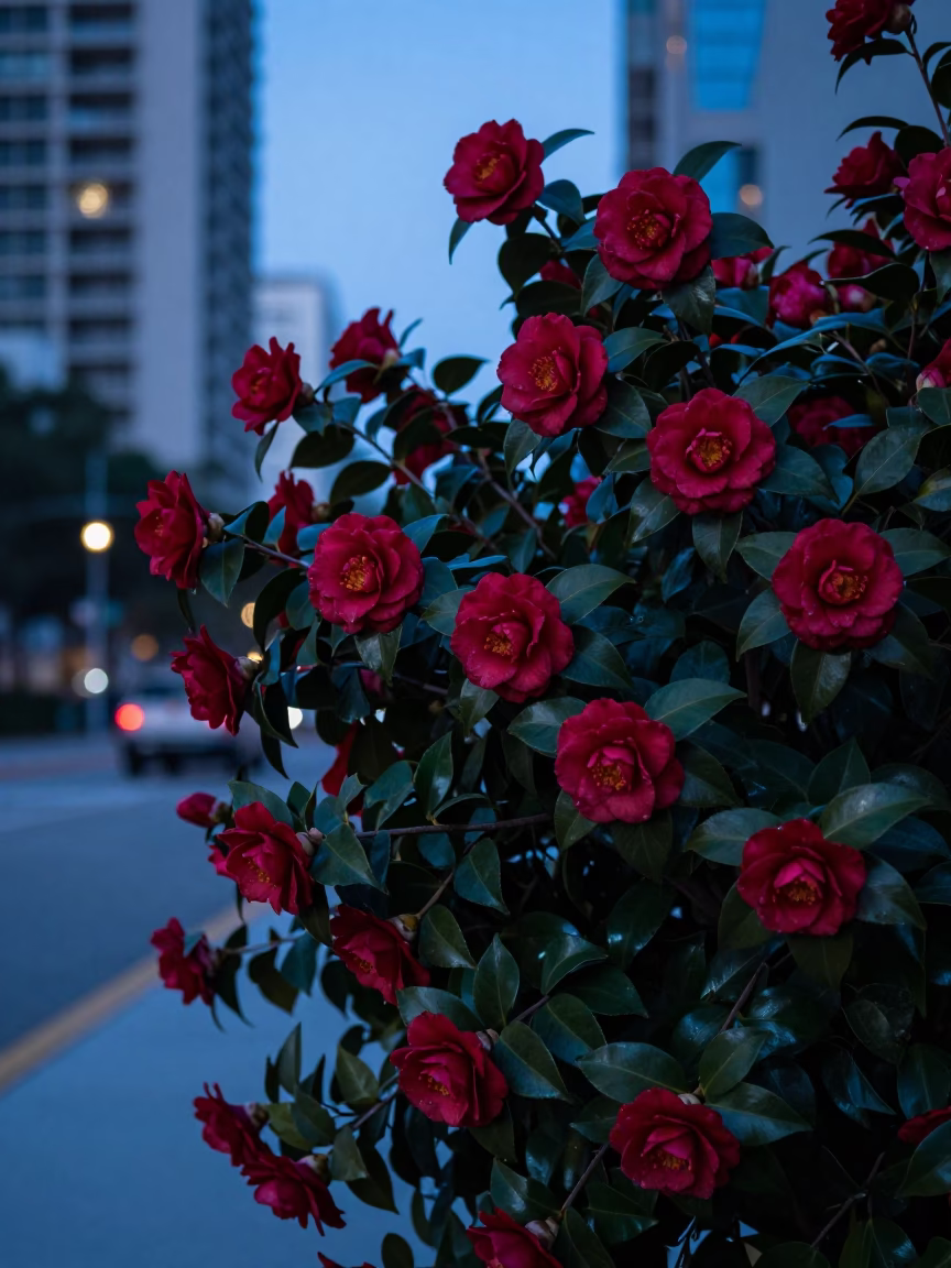 Miami Camellia Shrub at The Last Blue Light Of Evening in in Miami, Florida, United States