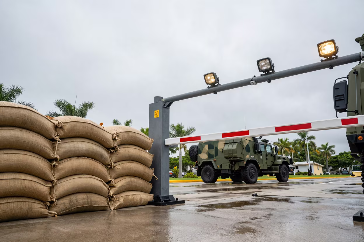 Miami Checkpoint Barrier Floodlights Sandbags in at a checkpoint lane in Miami