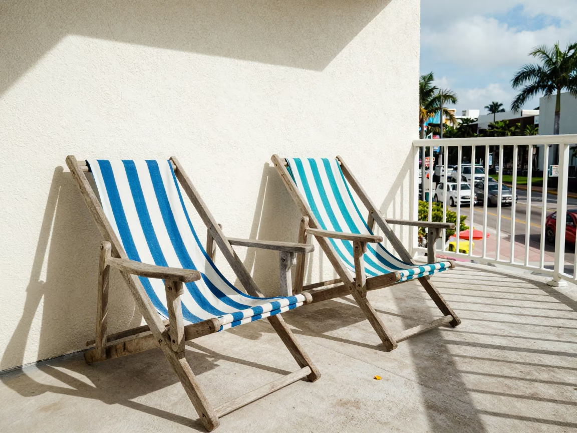 Miami Colorful Deck Chairs And Striped Towels at Midday Light in in Miami, Florida, United States
