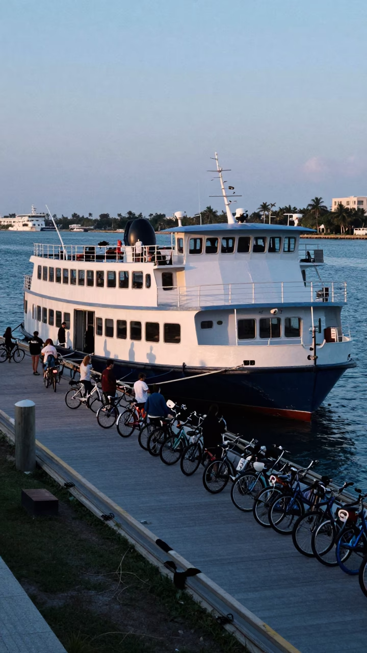 Miami Dawn Ferry Dock with Bicycles and Local Morning Activity in in Miami, Florida, United States