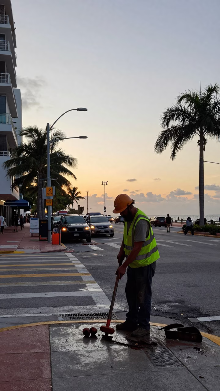 Miami Dawn Street Scene with Hand Tools and Weather Radar Bluff in in Miami, Florida, United States