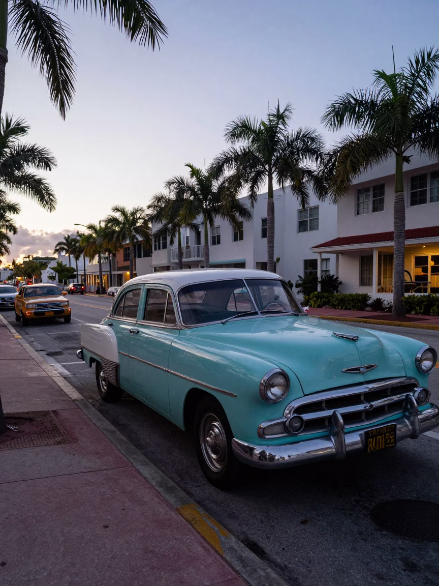 Miami Dawn Street Scene with Vintage 1970s Car and Tropical Avocado Tree in in Miami, Florida, United States