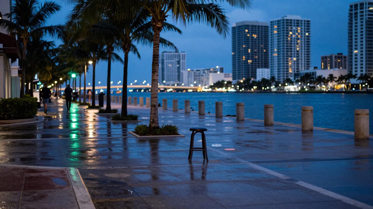 Miami Evening Blue Hour Street Scene with Stool and Grease Sheen on Rail in in Miami, Florida, United States