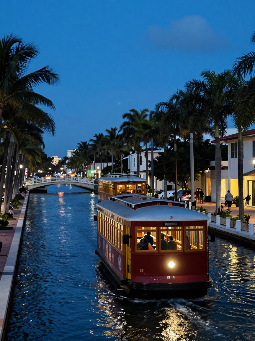 Miami Evening Canal Barge with Heritage Tram and Tropical Pond Reflections in in Miami, Florida, United States