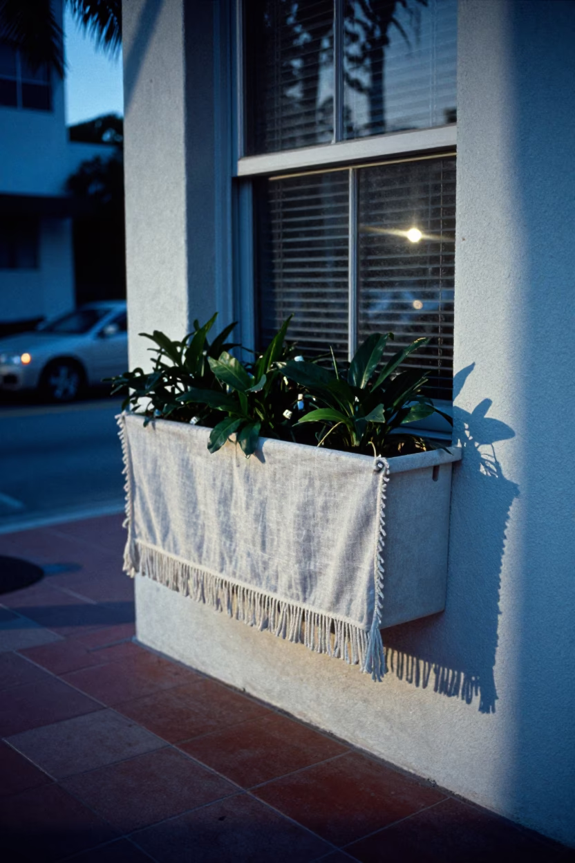 Miami Evening Street Scene with Window Box and Linen Fringe in Last Blue Light in in Miami, Florida, United States