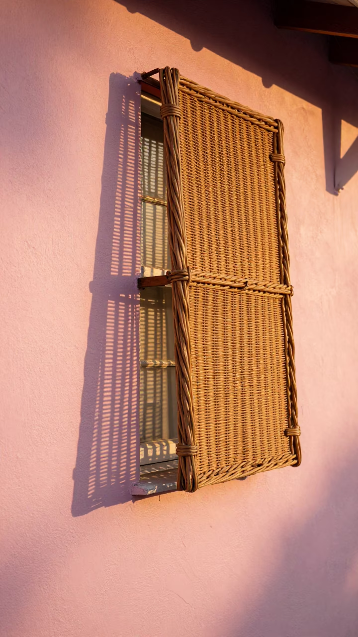 Miami Florida 1960s Honeyed Evening Light Wicker Shadow on Latch and Coastal Architecture in in Miami, Florida, United States