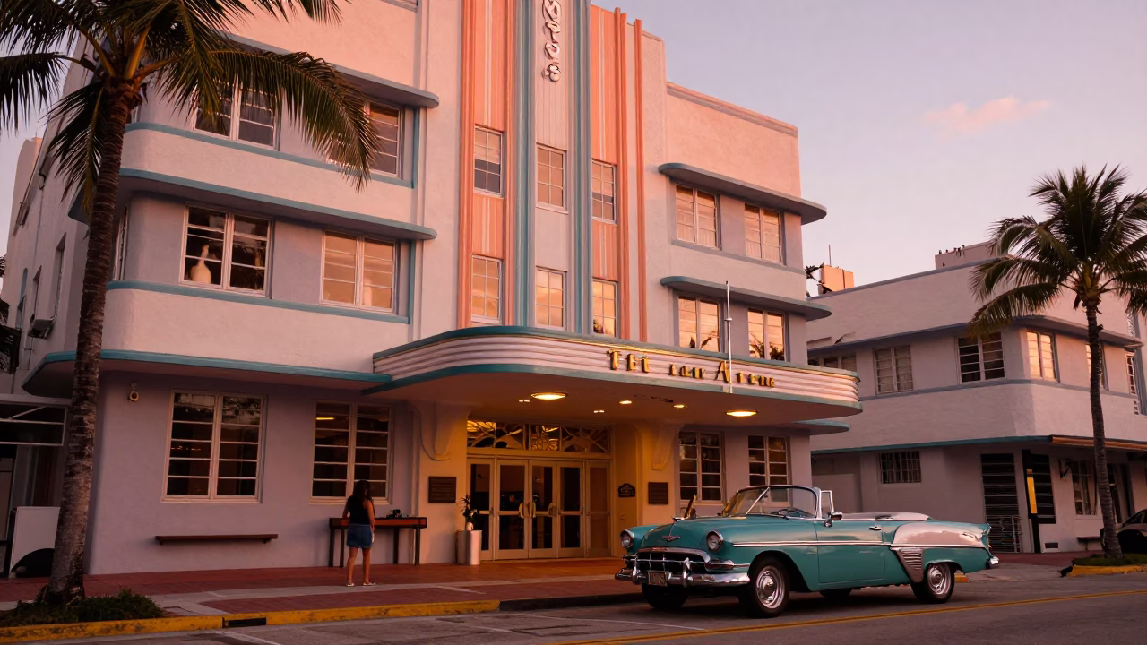 Miami Florida Art Deco Hotel Entrance at Dusk with Vintage Cars and Palm Trees in in Miami, Florida, United States