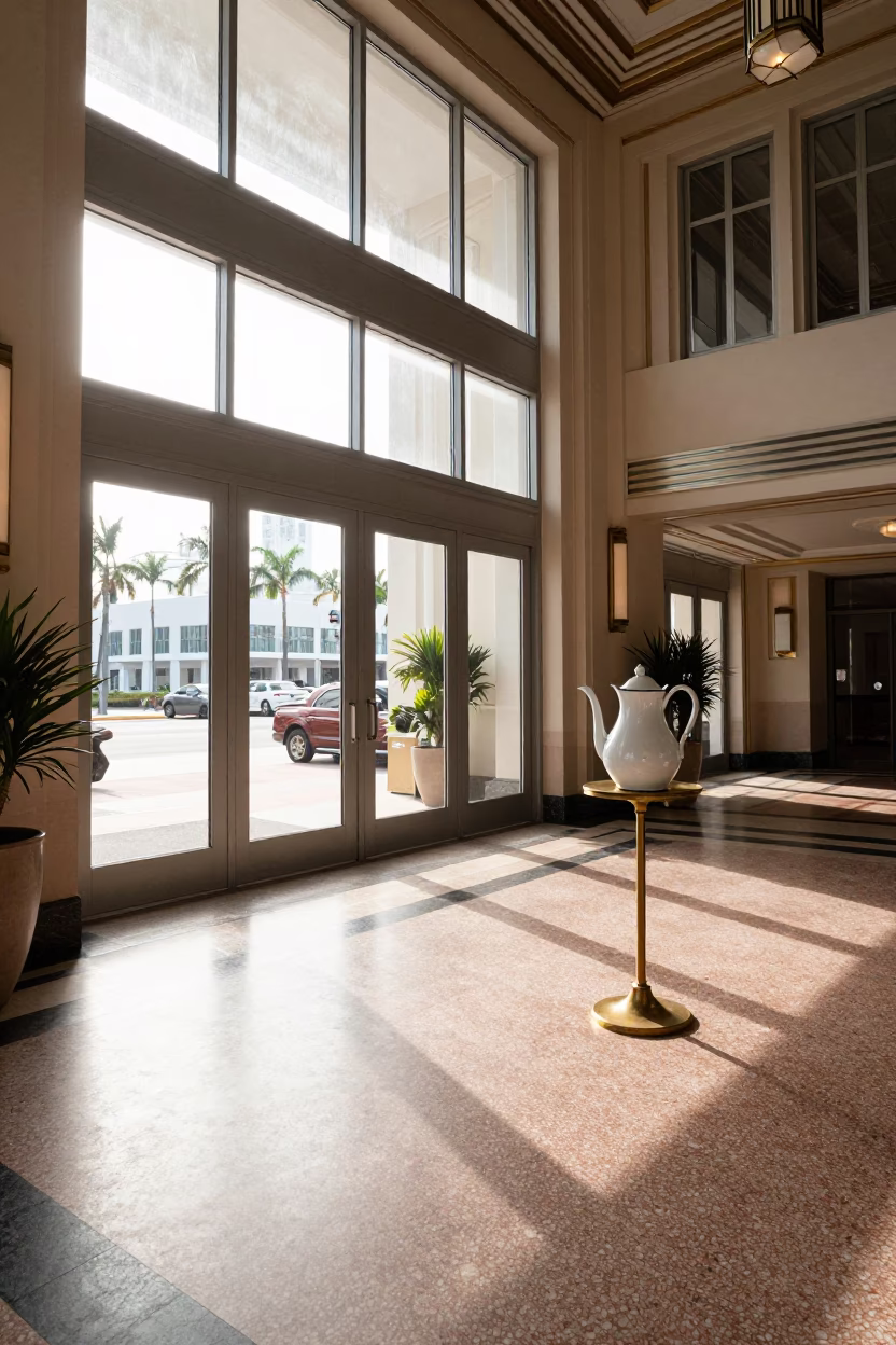 Miami Florida Art Deco Hotel Lobby Morning Light with Enamel Pitcher and Rust Details in in Miami, Florida, United States