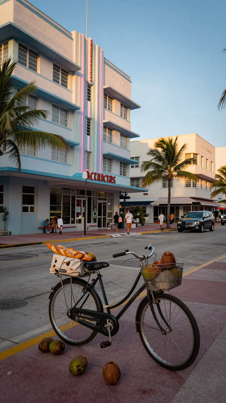 Miami Florida Art Deco Street Scene with Coconuts and Bicycle After Sunrise in in Miami, Florida, United States