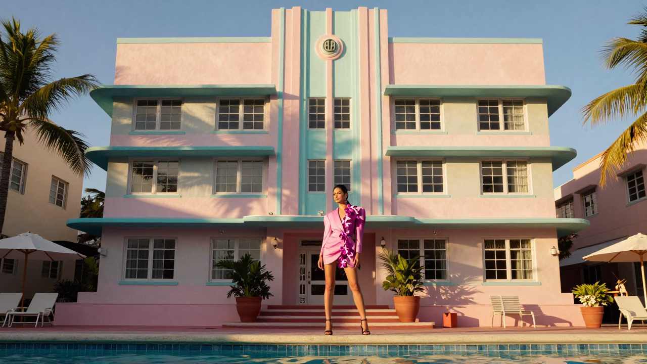 Miami Florida Art Deco Sunrise Fashion Photography with Orchid and Glass Details in in Miami, Florida, United States