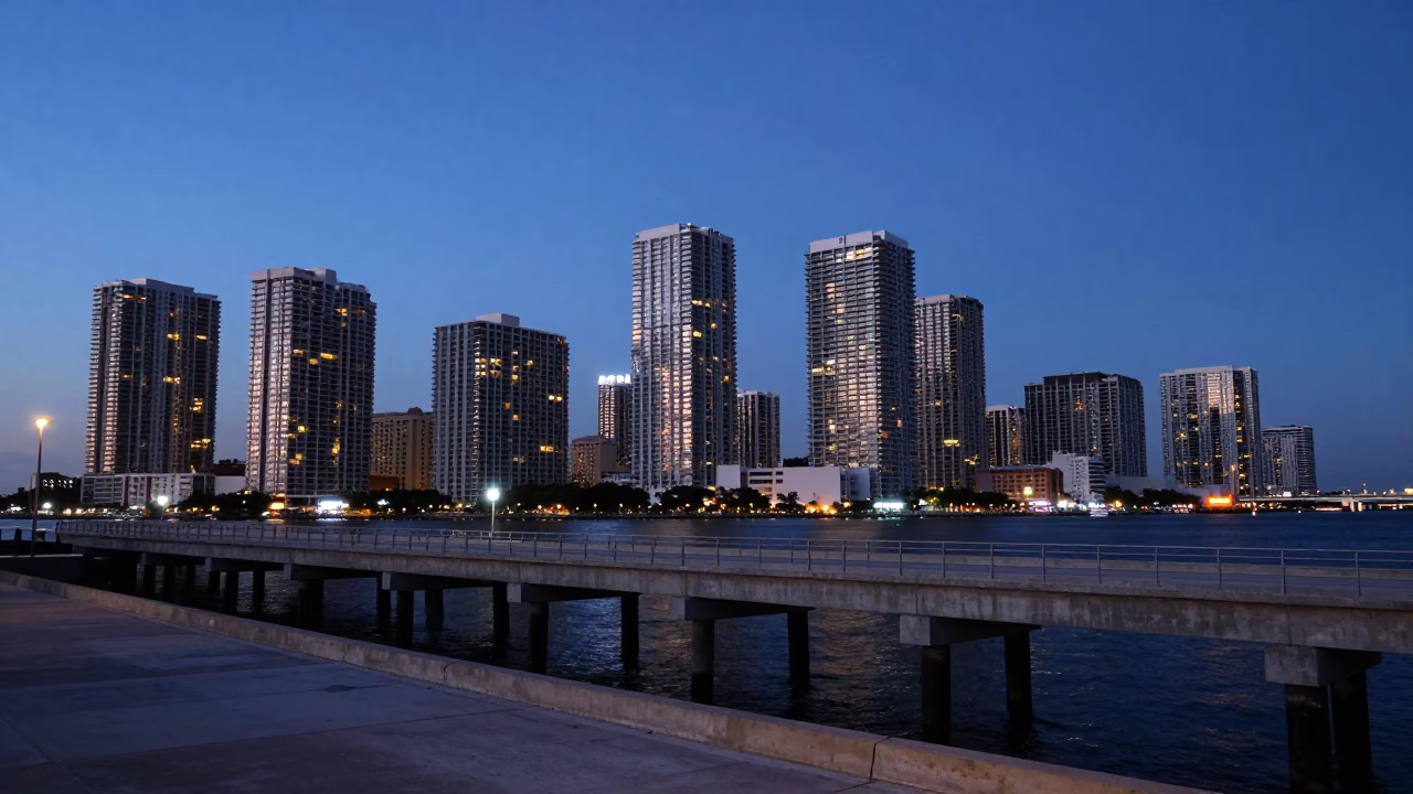 Miami Florida Blue Hour Cityscape with Ferry Ramp and Concrete Infrastructure in in Miami, Florida, United States