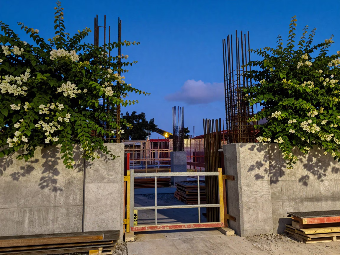 Miami Florida Blue Hour Construction Site with Bougainvillea and Rebar in in Miami, Florida, United States