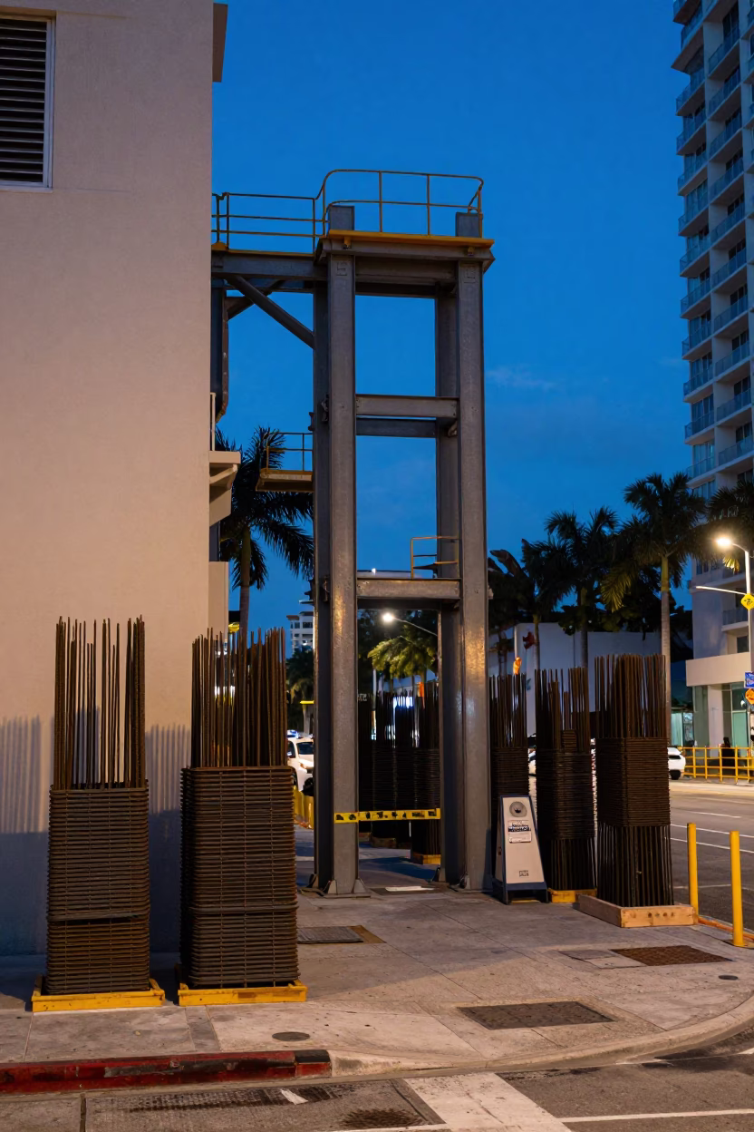 Miami Florida Blue Hour Street Scene Construction Elevator Gate and Rebar Bundles in in Miami, Florida, United States