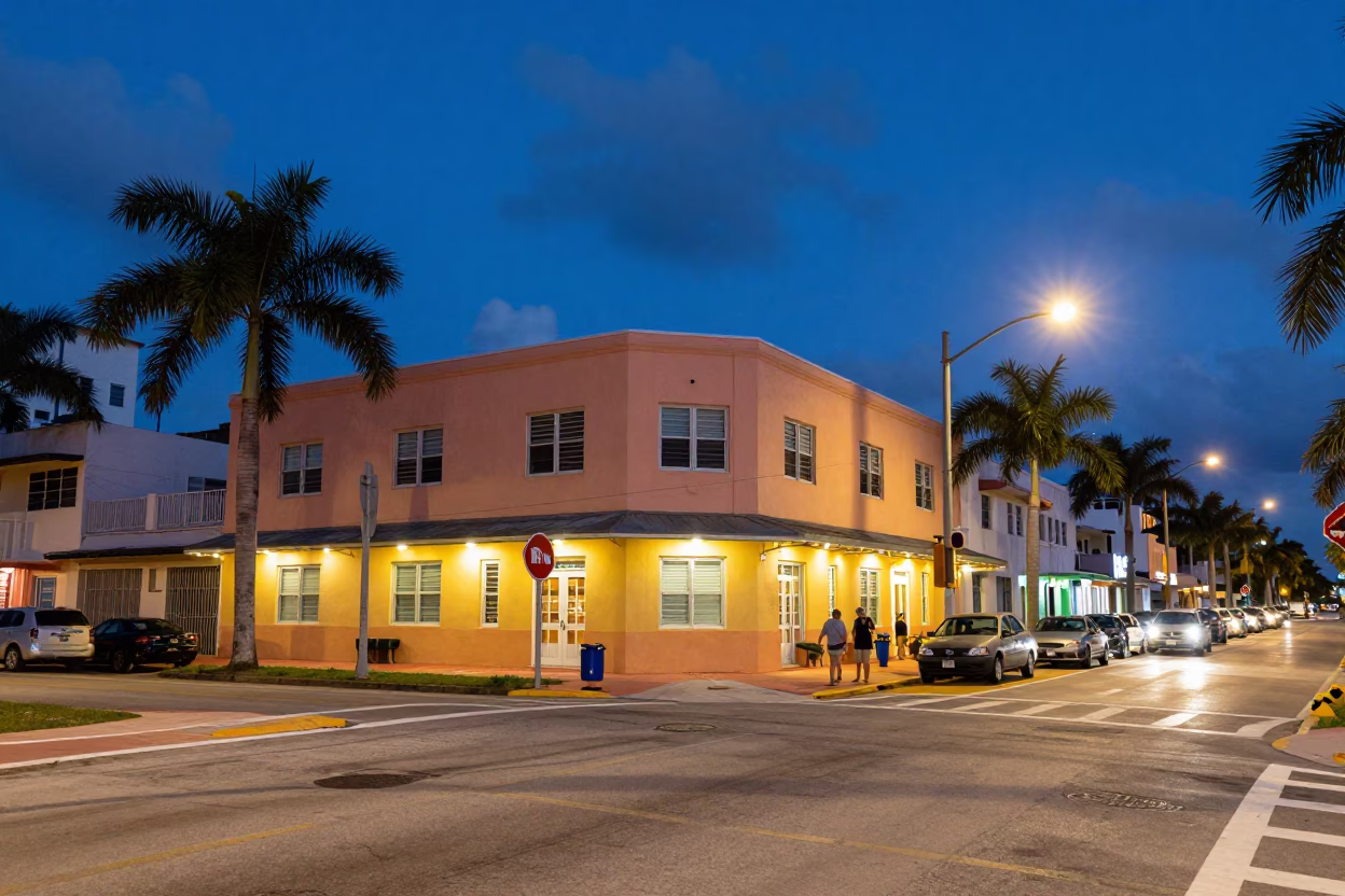 Miami Florida Blue Hour Street Scene with Vintage 1970s Aesthetic and Colorful Neon Reflections in in Miami, Florida, United States