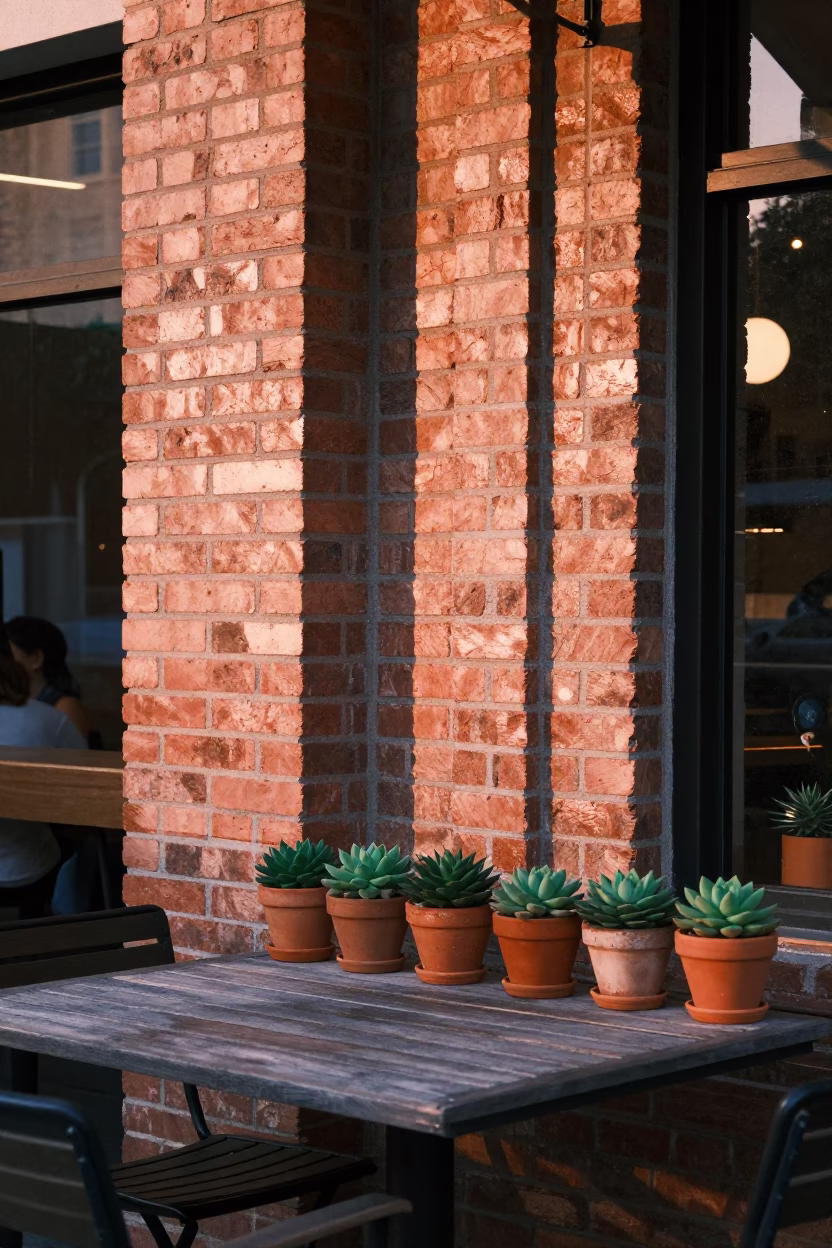 Miami Florida Brick Art Deco Cafe Patio with Succulents in Copper Dusk Light in in Miami, Florida, United States