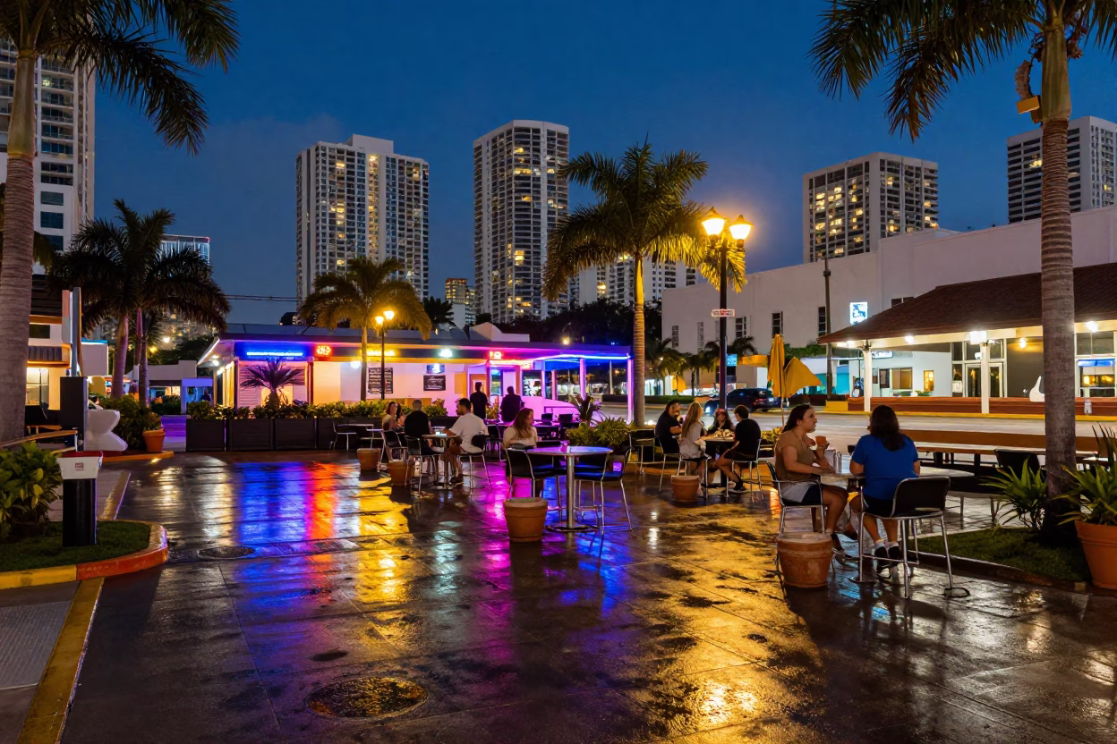 Miami Florida City Lights Glow Over Lively Outdoor Patio Dining Scene in in Miami, Florida, United States
