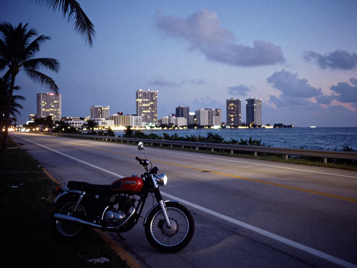 Miami Florida coastal highway at dusk with vintage motorcycle and driftwood in in Miami, Florida, United States