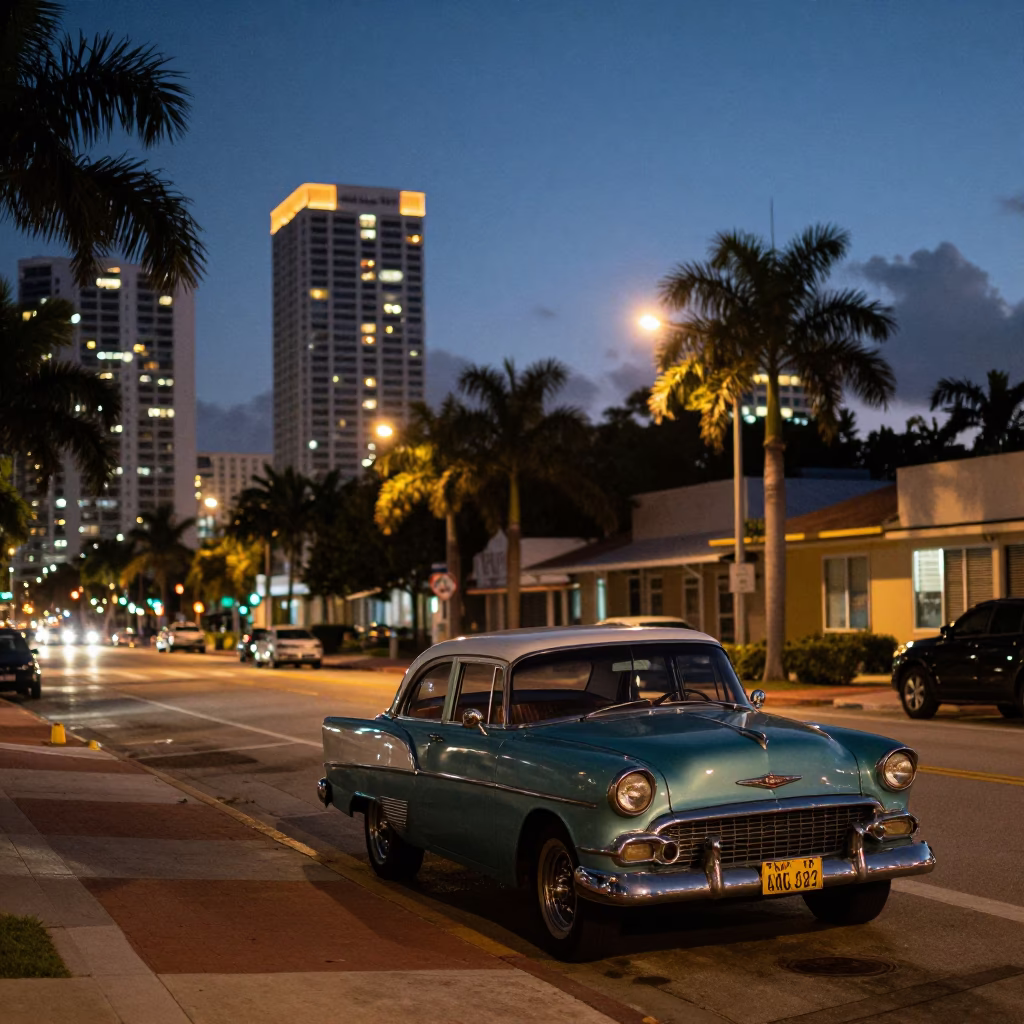 Miami Florida Dusk City Lights Glow Outdoor Street Scene Realistic Photograph in in Miami, Florida, United States